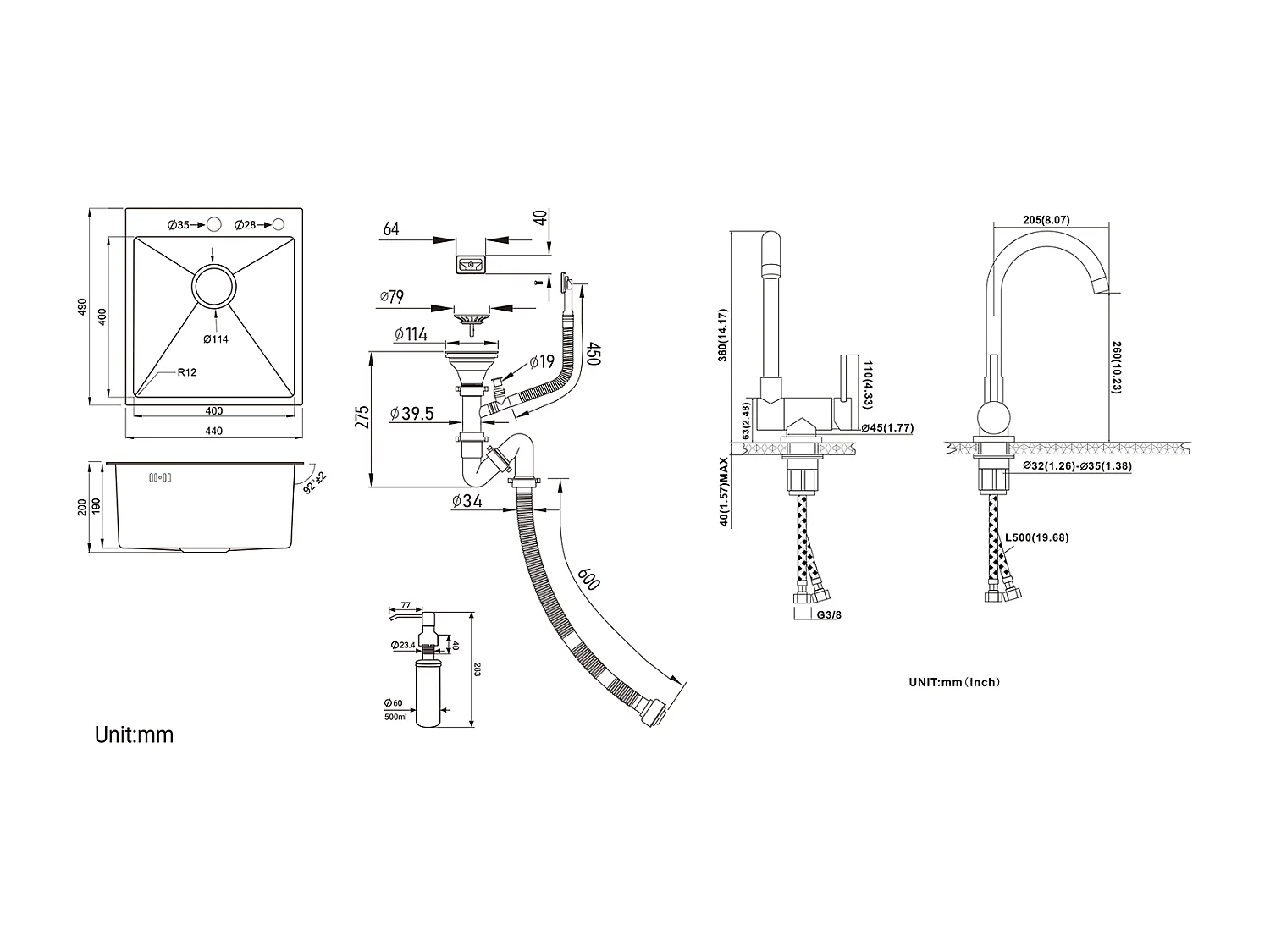 AuraLum Max Aanrecht 1Bak Zilver,44*49*20 CM,met Zeepdispenser,Rovs+Mengkraan Keuken Opklapbaar 360° Draaibaar Koud Water Warm,EU Model