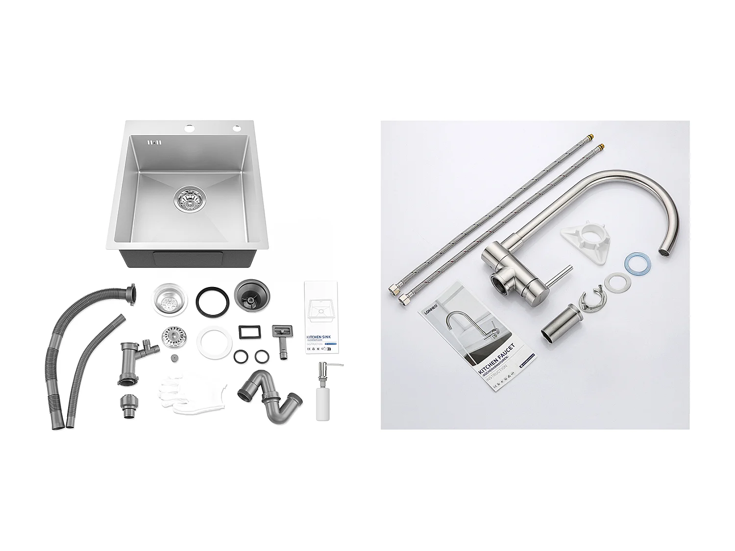 AuraLum Max Aanrecht 1Bak Zilver,44*49*20 CM,met Zeepdispenser,Rovs+Mengkraan Keuken Opklapbaar 360° Draaibaar Koud Water Warm,EU Model