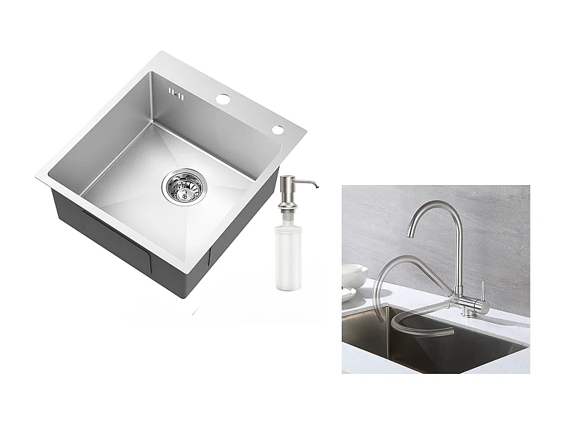 AuraLum Max Aanrecht 1Bak Zilver,44*49*20 CM,met Zeepdispenser,Rovs+Mengkraan Keuken Opklapbaar 360° Draaibaar Koud Water Warm,EU Model