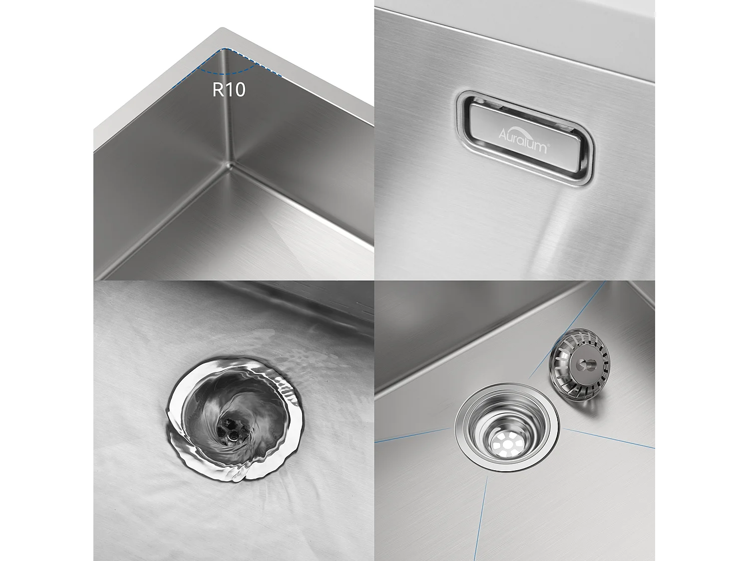 1-Bad-Küchenspüle aus gebürstetem Edelstahl 65 x 45 cm, Einbauspüle + Küchenarmatur mit ausziehbarer Brause, 2 Düsen, Warm- und Kaltwasser, grau