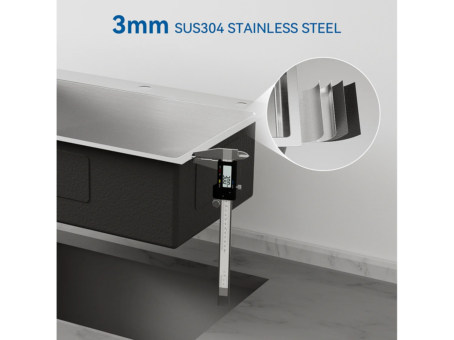 1-Bad-Küchenspüle aus gebürstetem Edelstahl 65 x 45 cm, Einbauspüle + Küchenarmatur mit ausziehbarer Brause, 2 Düsen, Warm- und Kaltwasser, grau