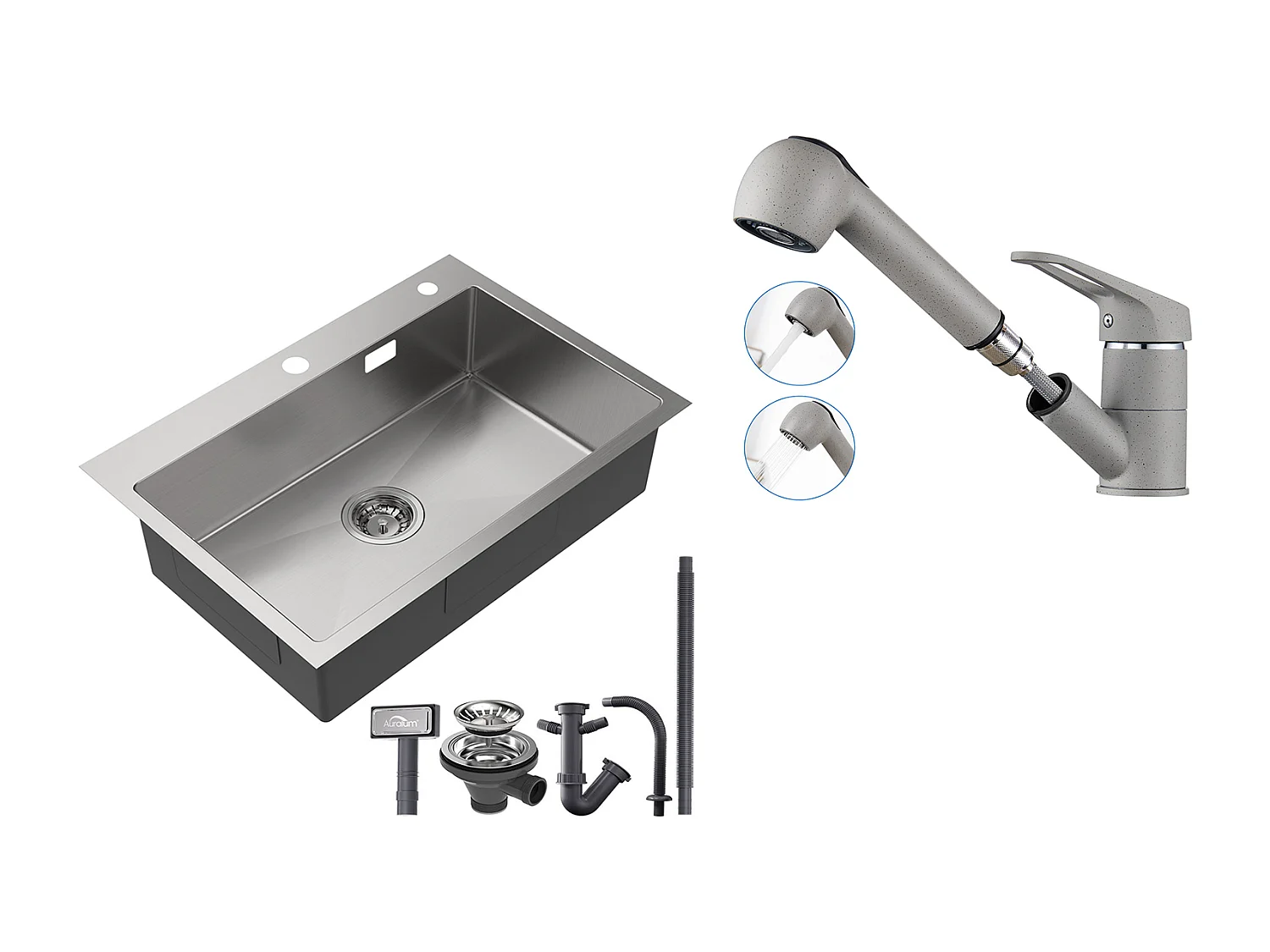 1-Bad-Küchenspüle aus gebürstetem Edelstahl 65 x 45 cm, Einbauspüle + Küchenarmatur mit ausziehbarer Brause, 2 Düsen, Warm- und Kaltwasser, grau
