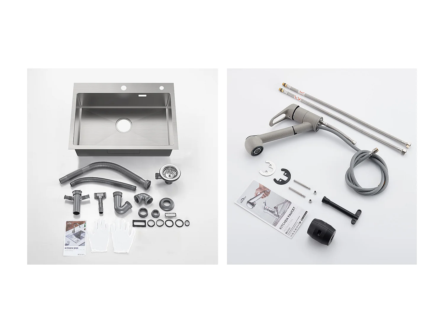 1-Bad-Küchenspüle aus gebürstetem Edelstahl 65 x 45 cm, Einbauspüle + Küchenarmatur mit ausziehbarer Brause, 2 Düsen, Warm- und Kaltwasser, grau