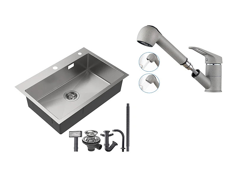 Lavello Cucina1 Vassoio Inossidabile Spazzolato 65x45CM,Incasso/da Posa+Rubinetto Cucina con Doccia Estraibile 2 Getti,Aca Fredda/Calda,Grigio