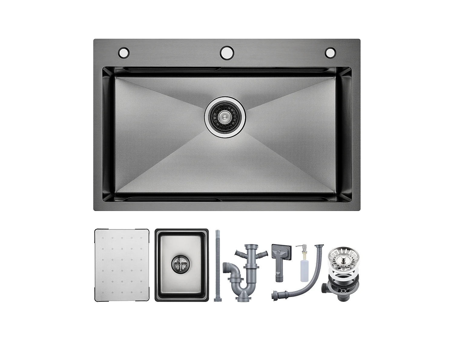 Cecipa max Évier 1 Bac 70×45CM Évier Inox Noir avec Egouttoir + Vasque + Distributeur de Savon (Montage sur le Dessus/Montage à Plat),EU Modèle