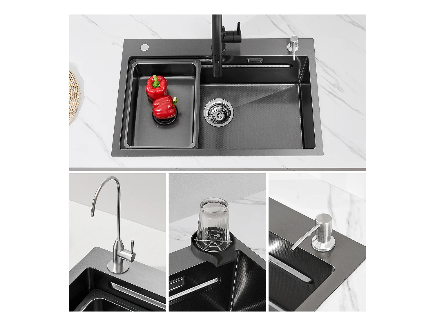 Cecipa max Évier 1 Bac 70×45CM Évier Inox Noir avec Egouttoir + Vasque + Distributeur de Savon (Montage sur le Dessus/Montage à Plat),EU Modèle