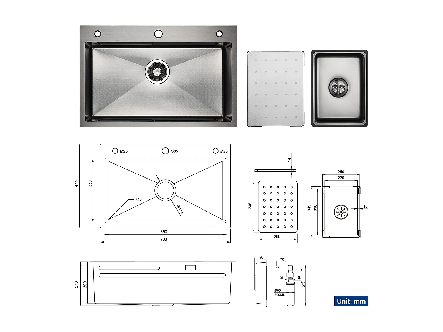 Cecipa max Évier 1 Bac 70×45CM Évier Inox Noir avec Egouttoir + Vasque + Distributeur de Savon (Montage sur le Dessus/Montage à Plat),EU Modèle