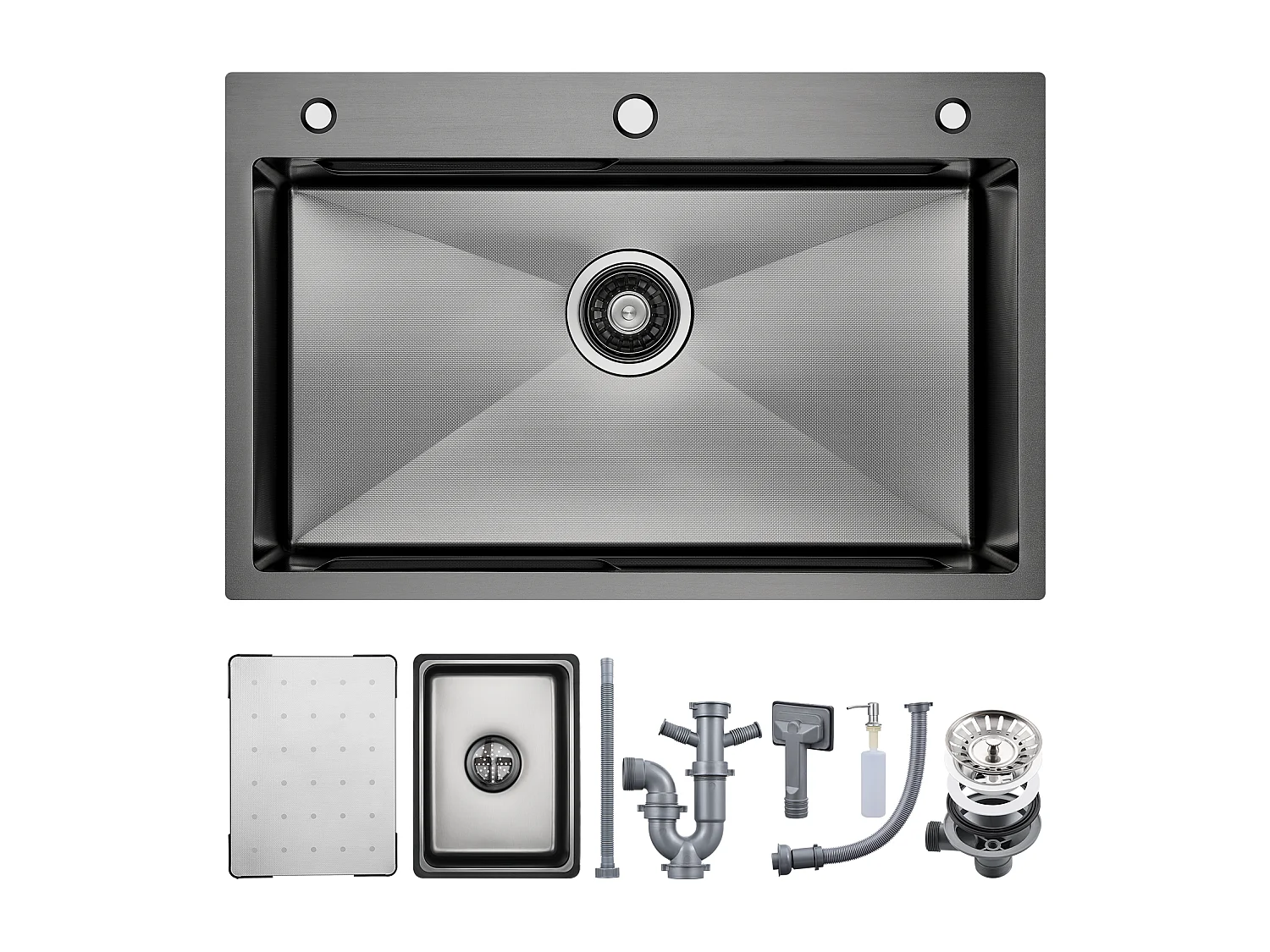 Lavello Cecipa max 1 vasca 70×45 cm Lavello in acciaio inox nero con gocciolatoio + vasca + dispenser di sapone (montaggio superiore/montaggio piatto), modello UE