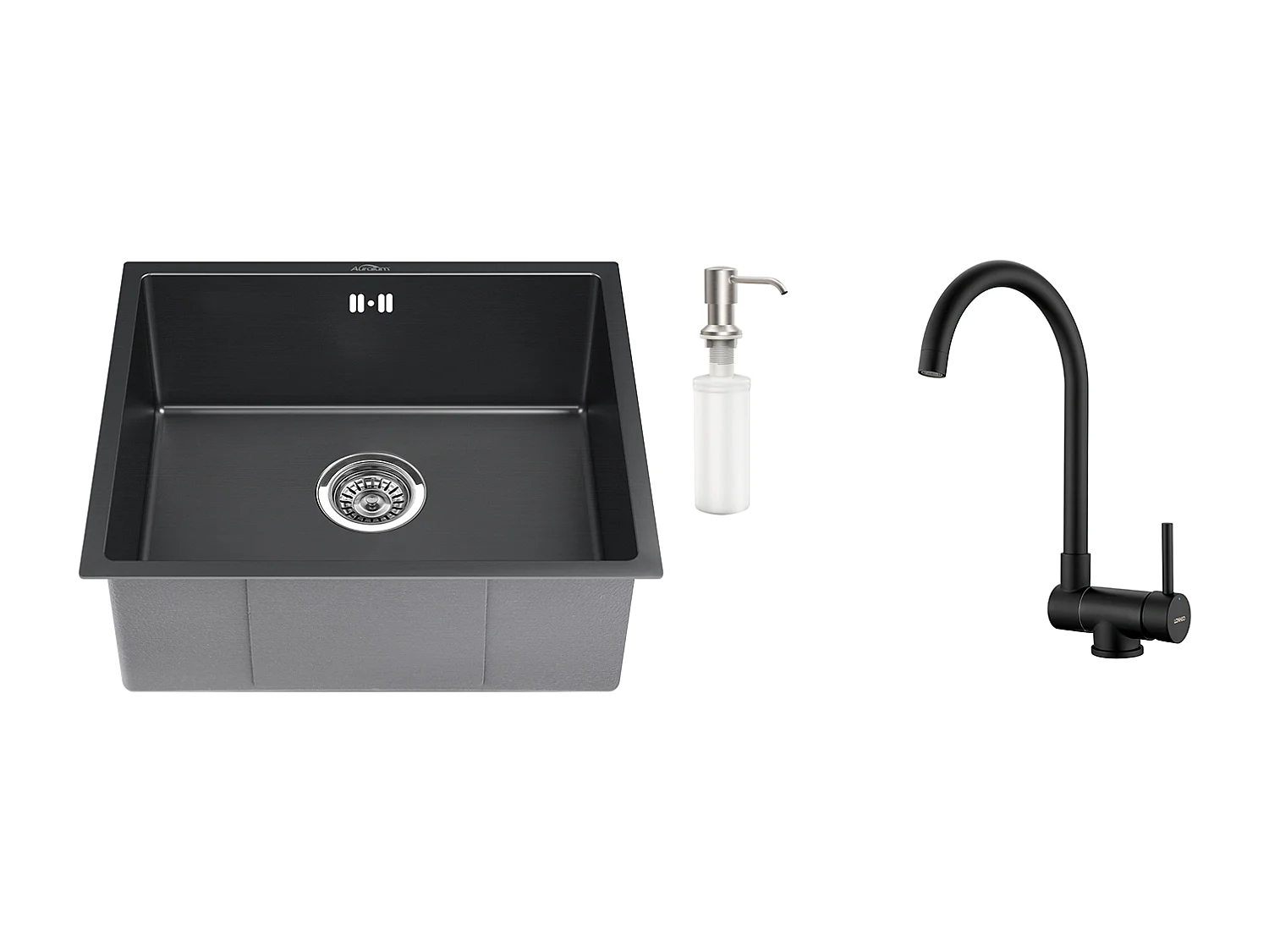 Évier Noir 1 Bac 50x43x18,5CM,Acier Inoxydable, avec Distrubuteur de savon+Mitigeur Cuisine en Acier Inox 304 Rabattable Pivotant à 360° ,Noir