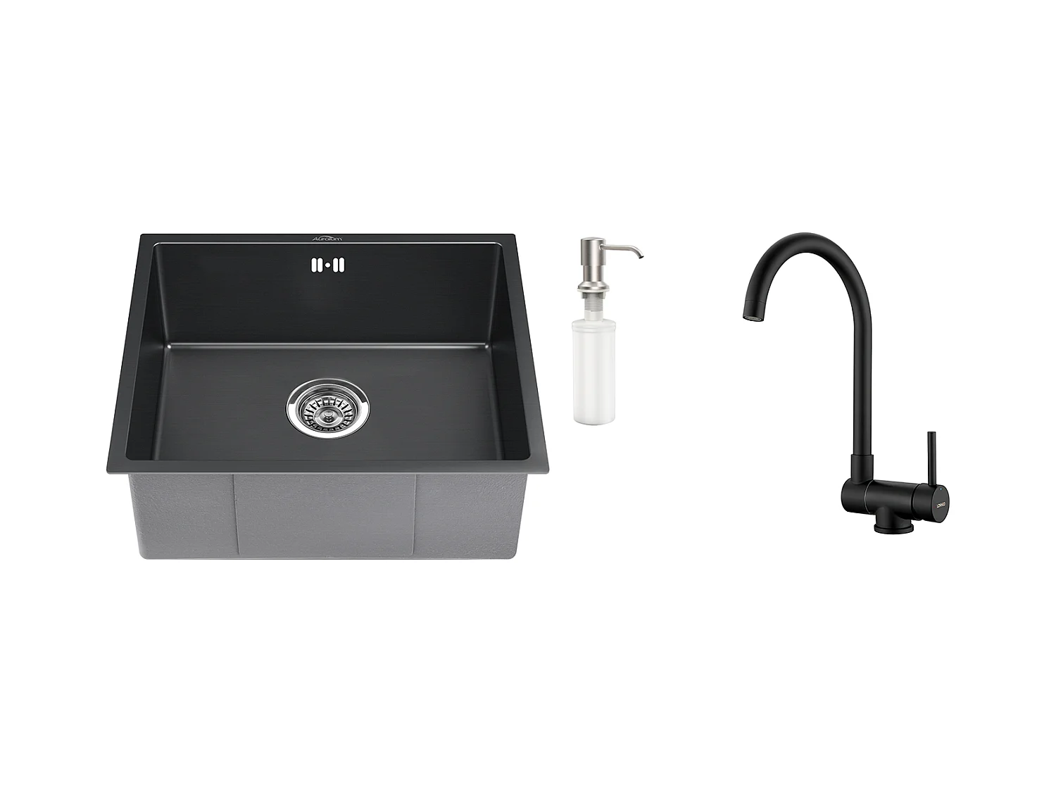 Évier Noir 1 Bac 50x43x18,5CM,Acier Inoxydable, avec Distrubuteur de savon+Mitigeur Cuisine en Acier Inox 304 Rabattable Pivotant à 360° ,Noir