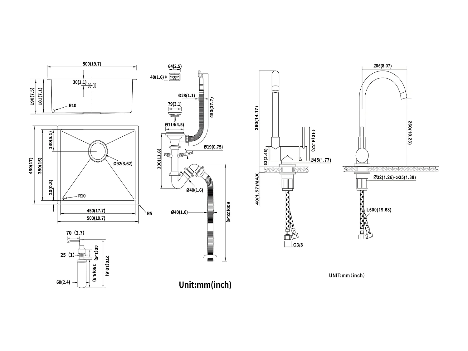 Lavello Nero 1 Vassoio 50x43x18,5CM,Inossidabile,con DistrubuteUr sapone+Miscelatore da cucina inossidabile 304 pieghevole girevole 360°,nero