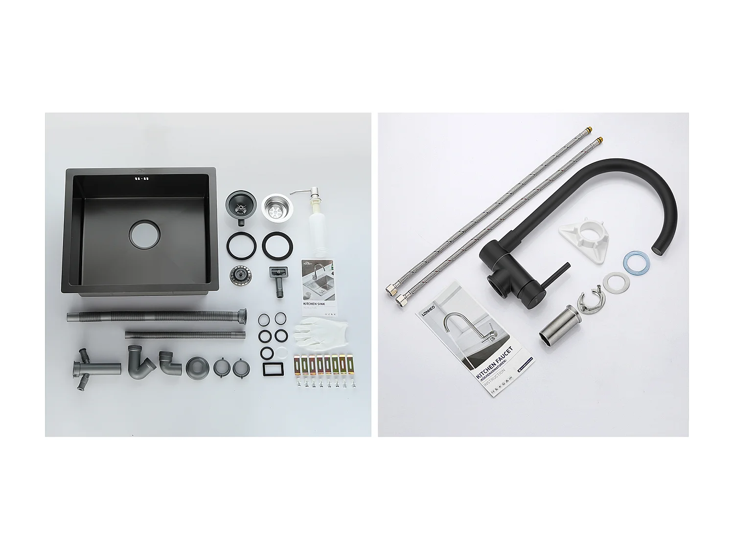 Lavello Nero 1 Vassoio 50x43x18,5CM,Inossidabile,con DistrubuteUr sapone+Miscelatore da cucina inossidabile 304 pieghevole girevole 360°,nero