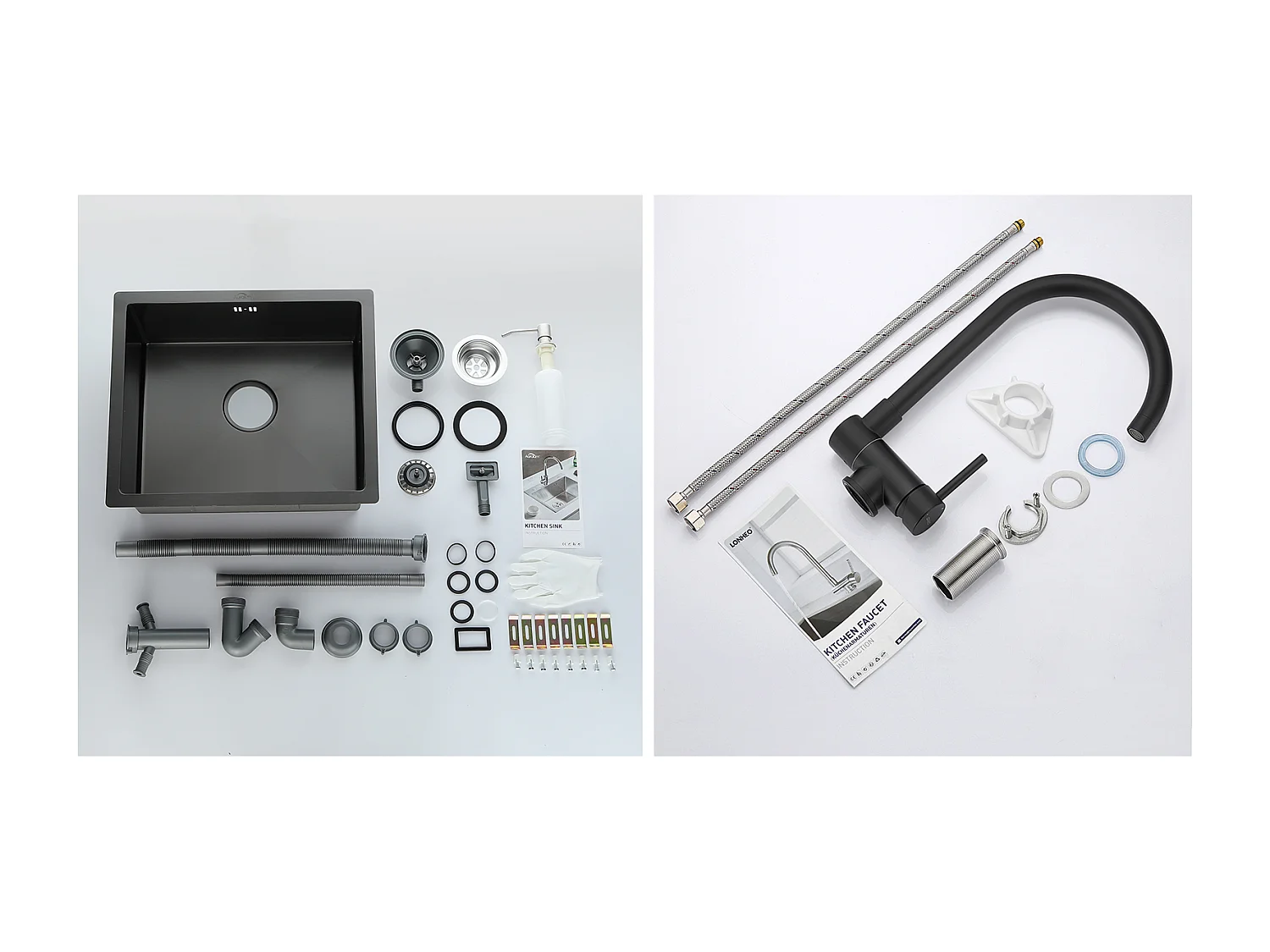 Évier Noir 1 Bac 50x43x18,5CM,Acier Inoxydable, avec Distrubuteur de savon+Mitigeur Cuisine en Acier Inox 304 Rabattable Pivotant à 360° ,Noir