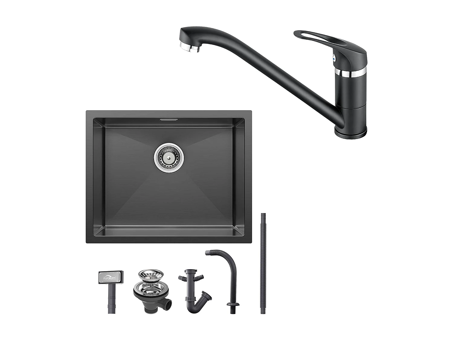 2 en1 Évier de Cuisine 1 Bac 55*44*19CM, à Encastrer/Fleur/ Sous-Plan, Noir+Robinet Cuisine,Orientable 360°,Eau Chaude/Froide,Noir