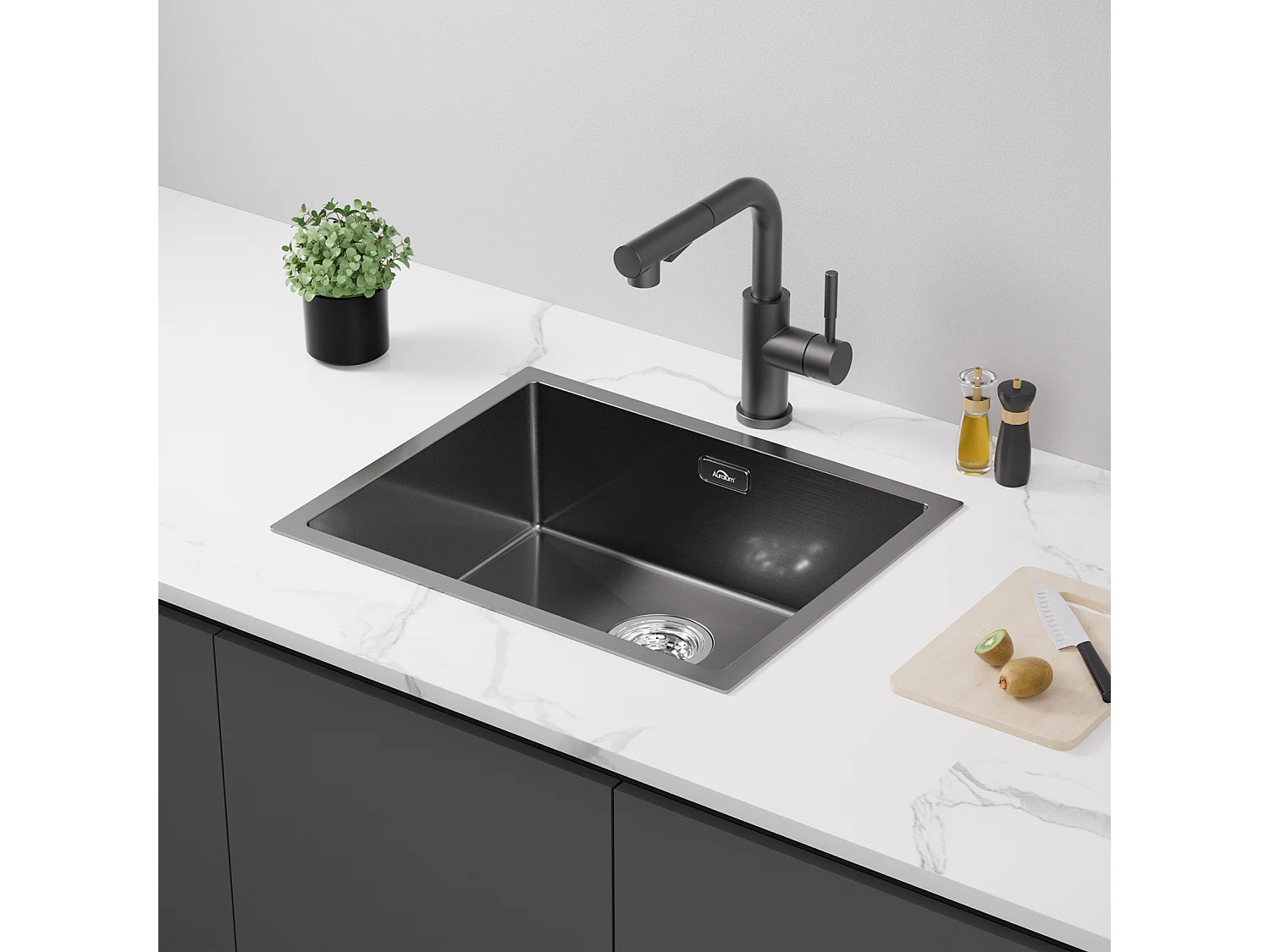 2 en1 Évier de Cuisine 1 Bac 55*44*19CM, à Encastrer/Fleur/ Sous-Plan, Noir+Robinet Cuisine,Orientable 360°,Eau Chaude/Froide,Noir