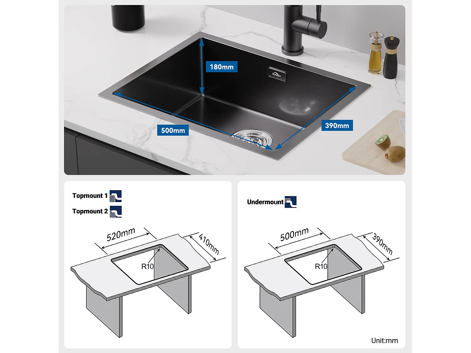2 en1 Évier de Cuisine 1 Bac 55*44*19CM, à Encastrer/Fleur/ Sous-Plan, Noir+Robinet Cuisine,Orientable 360°,Eau Chaude/Froide,Noir