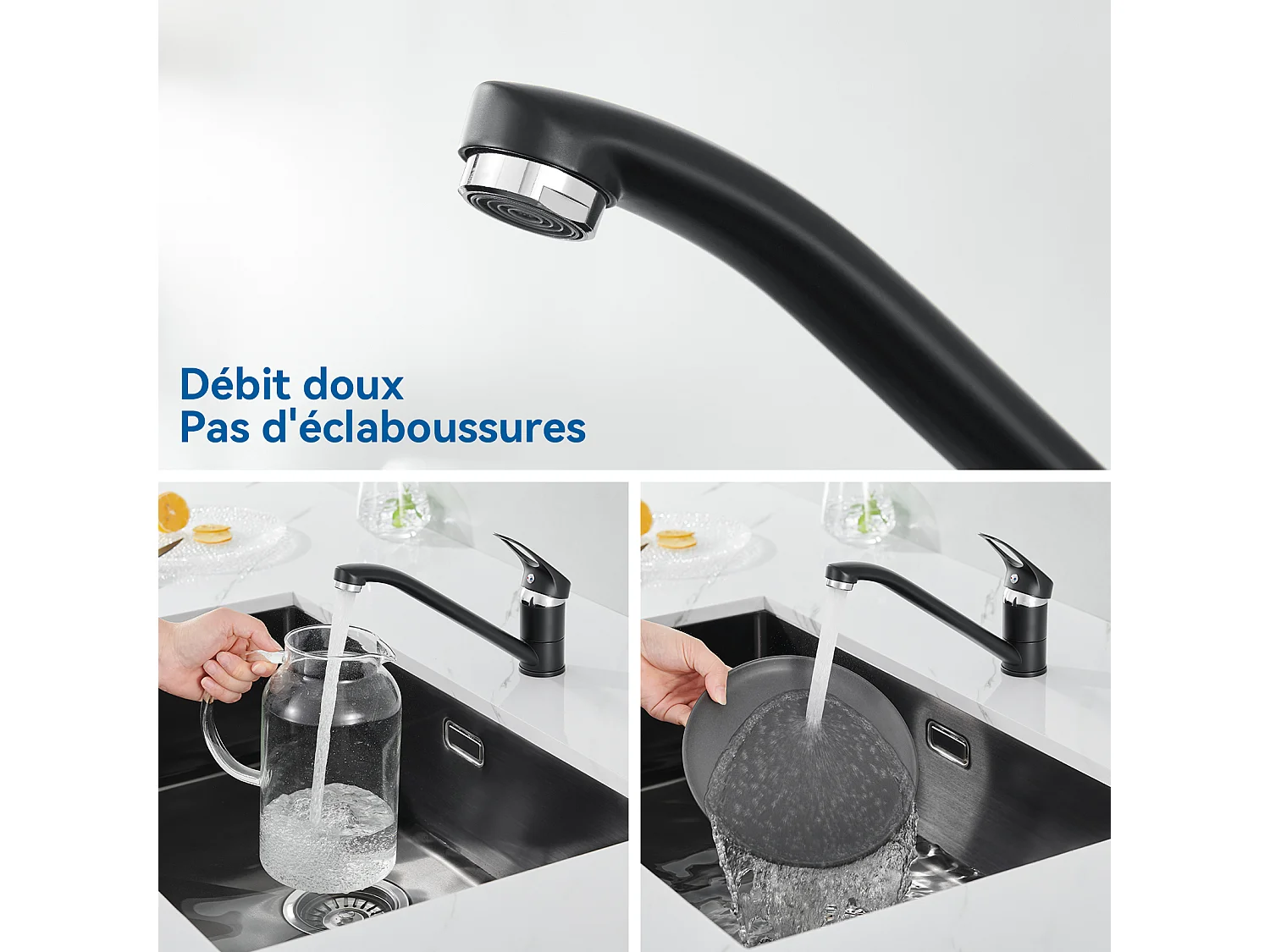 2 en1 Évier de Cuisine 1 Bac 55*44*19CM, à Encastrer/Fleur/ Sous-Plan, Noir+Robinet Cuisine,Orientable 360°,Eau Chaude/Froide,Noir