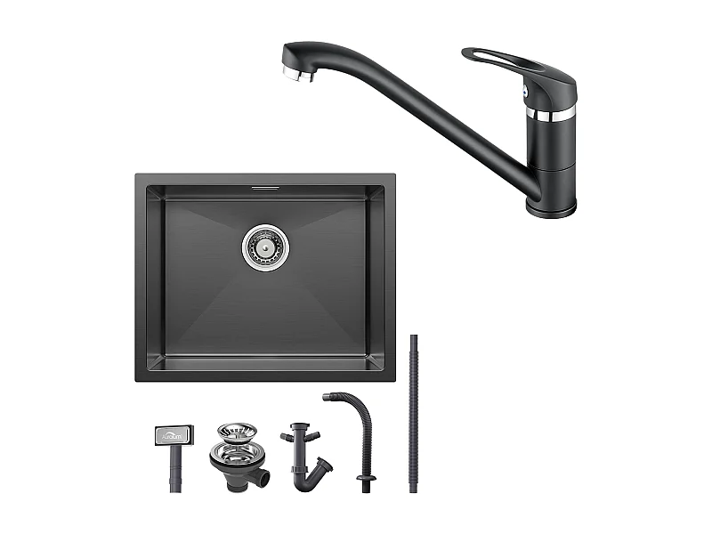 2 en1 Évier de Cuisine 1 Bac 55*44*19CM, à Encastrer/Fleur/ Sous-Plan, Noir+Robinet Cuisine,Orientable 360°,Eau Chaude/Froide,Noir