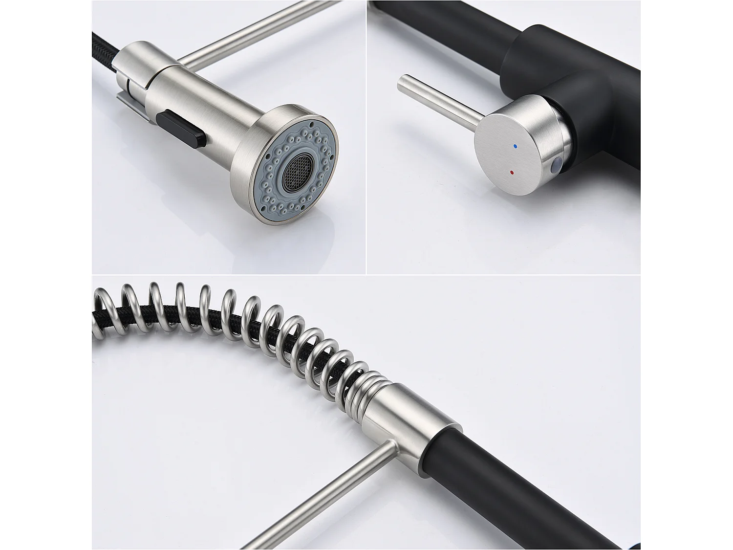 Schwarzes 1-Behälter-Spülbecken 50 x 43 x 18,5 cm, Edelstahl, mit Seifenspender + Feder-Küchenarmatur mit ausziehbarer Brause