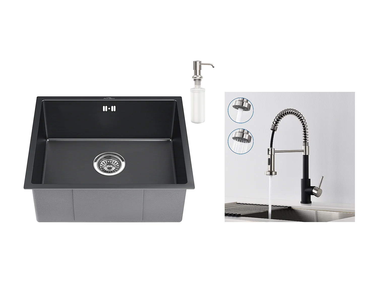 Évier Noir 1Bac 50x43x18,5CM,Acier Inoxydable,avec Distrubuteur de savon+Robinet de Cuisine à Ressort avec Douchette Extensibl