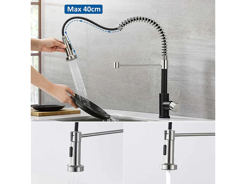 Évier Noir 1Bac 50x43x18,5CM,Acier Inoxydable,avec Distrubuteur de savon+Robinet de Cuisine à Ressort avec Douchette Extensibl