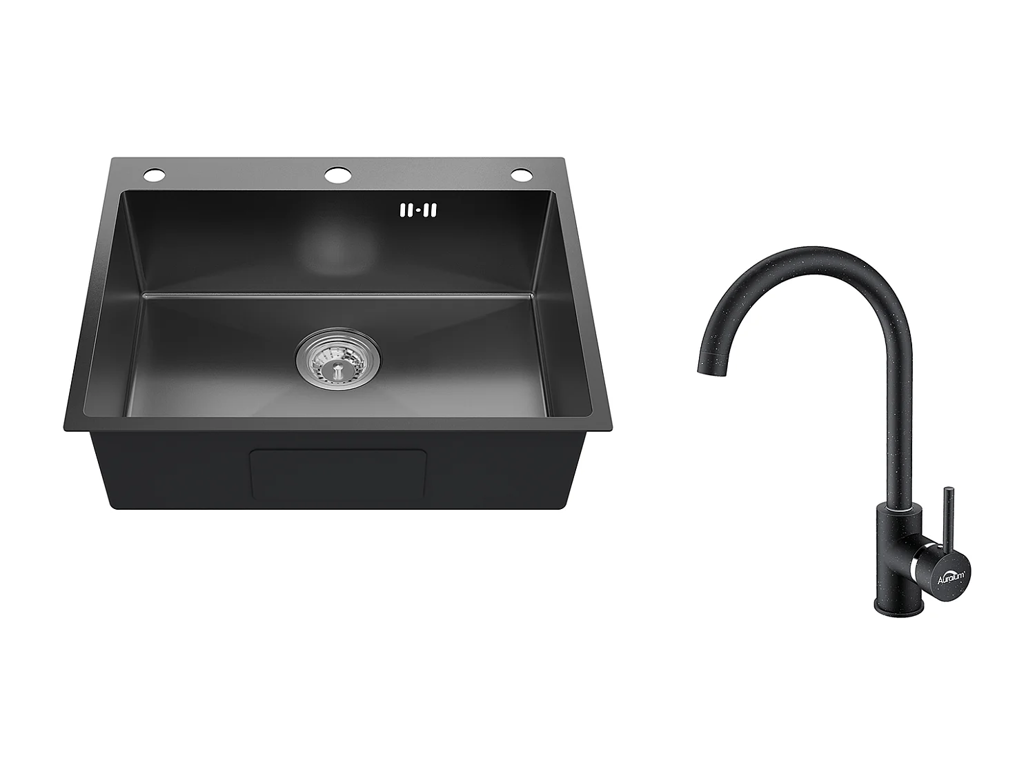 Auralum max Évier Cuisine à Encastrer,1 Bac,60*49*20CM,Acier inoxydable 304,Noir+Robinet Cuisine Rotatif 360° Eau Froide et Chaude,Noir