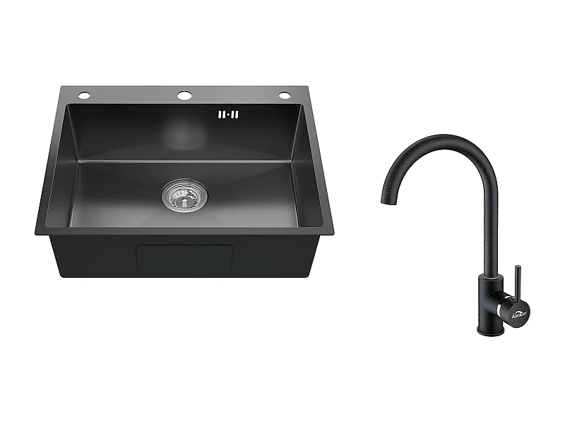 Auralum max Inbouw Keukenspoelbak,1 Bak,60*49*20CM,304 Roestvrij Staal,Zwart+ 360° Draaibare Keukenkraan Koud en Warm Water,Zwart