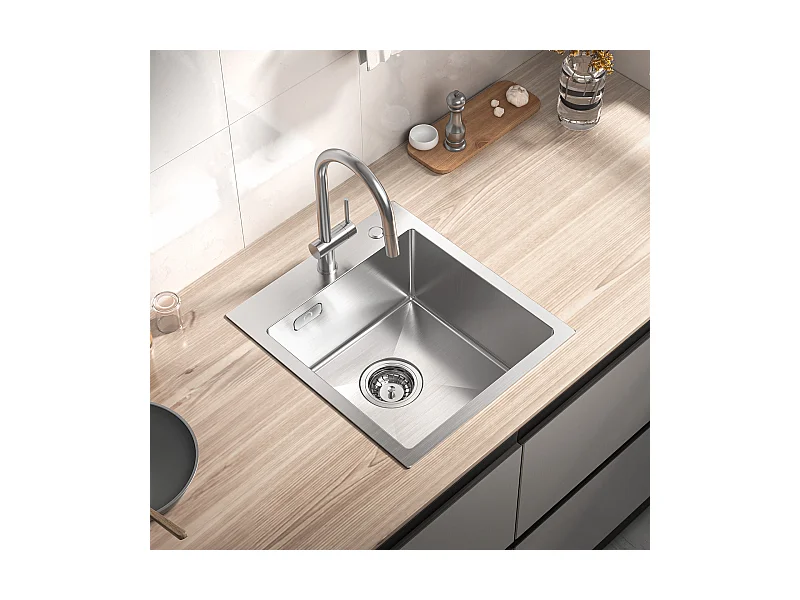 Cecipa max Evier 1 Bac 40*45CM - Évier Inox Brossé 1 Cuve avec Siphon et Trop-Plein - Évier Cuisine Montage à encastrer ou à Fleur de Plan,EU Modèle