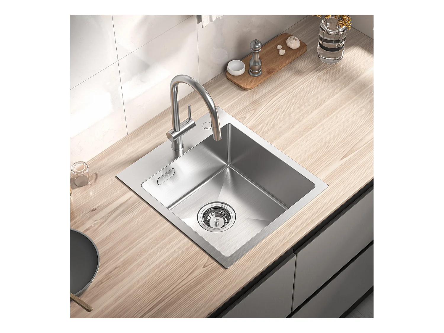 Cecipa max Evier 1 Bac 40*45CM - Évier Inox Brossé 1 Cuve avec Siphon et Trop-Plein - Évier Cuisine Montage à encastrer ou à Fleur de Plan,EU Modèle