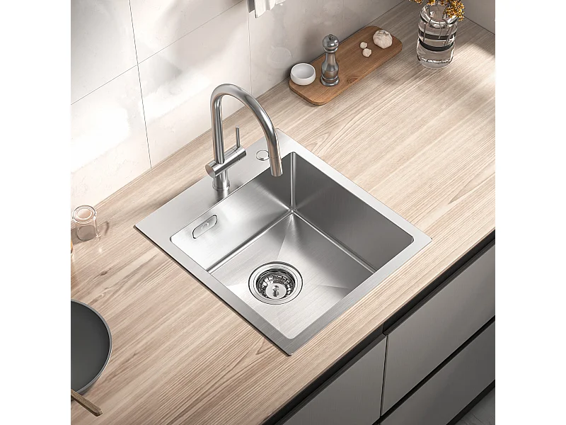 Cecipa max Evier 1 Bac 40*45CM - Évier Inox Brossé 1 Cuve avec Siphon et Trop-Plein - Évier Cuisine Montage à encastrer ou à Fleur de Plan,EU Modèle