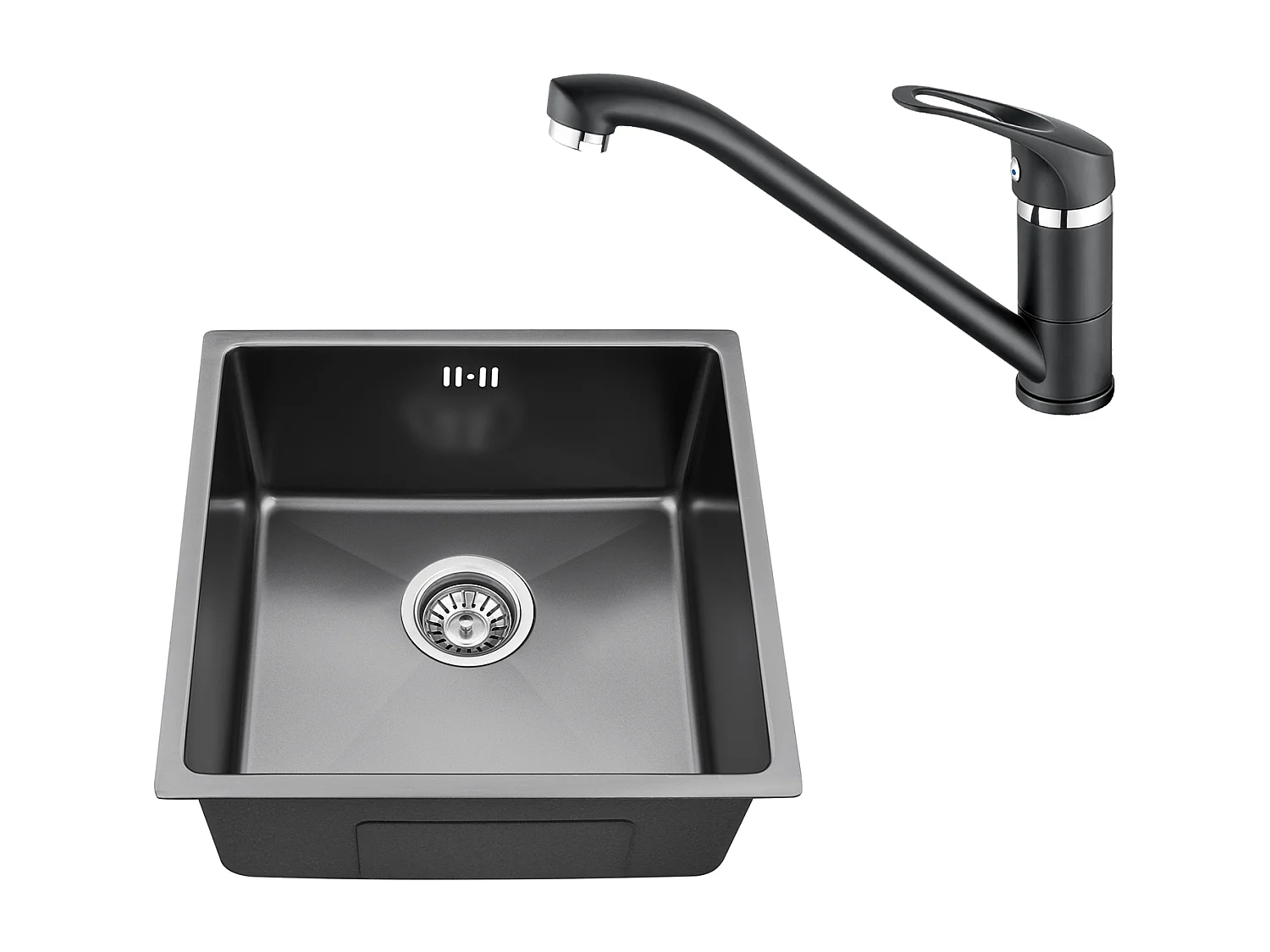 Évier Encastré 44x44x20CMcm Évier de Cuisine 1 Bac en Acier Inoxydable, Noir+Robinet Cuisine,Orientable 360°,Eau Chaude/Froide,Noir