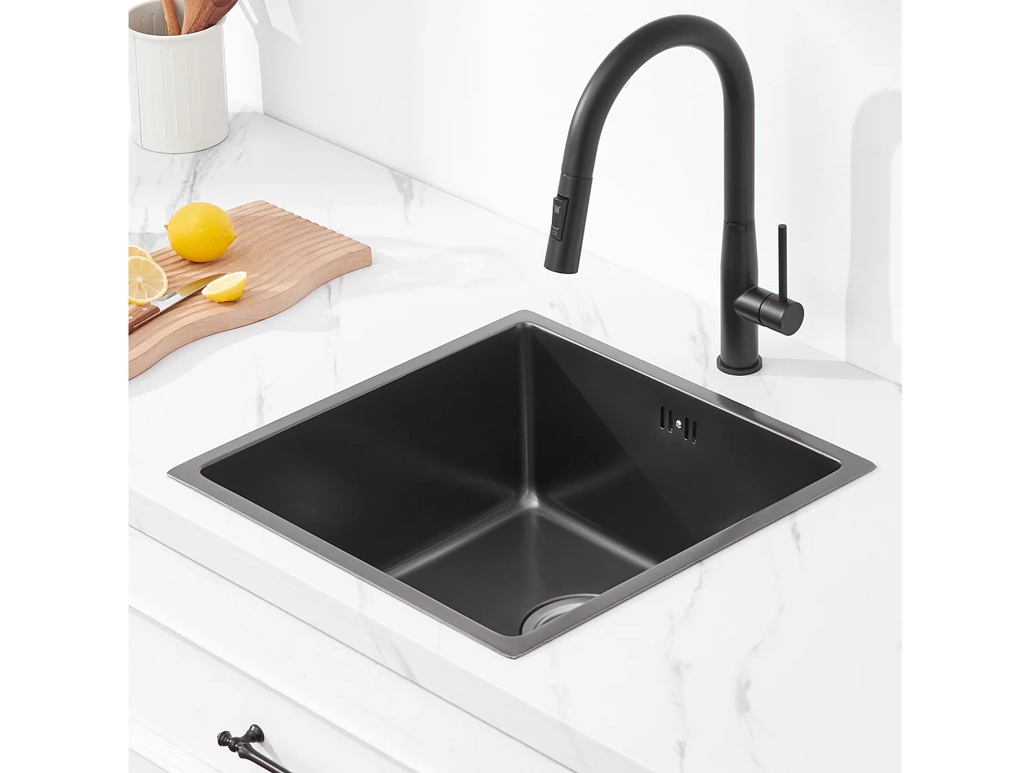 Évier Encastré 44x44x20CMcm Évier de Cuisine 1 Bac en Acier Inoxydable, Noir+Robinet Cuisine,Orientable 360°,Eau Chaude/Froide,Noir