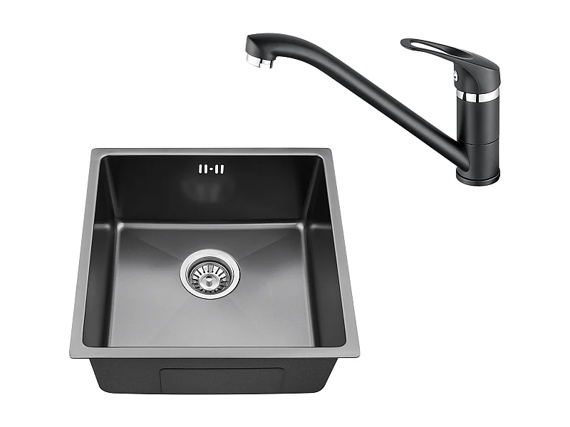 Évier Encastré 44x44x20CMcm Évier de Cuisine 1 Bac en Acier Inoxydable, Noir+Robinet Cuisine,Orientable 360°,Eau Chaude/Froide,Noir