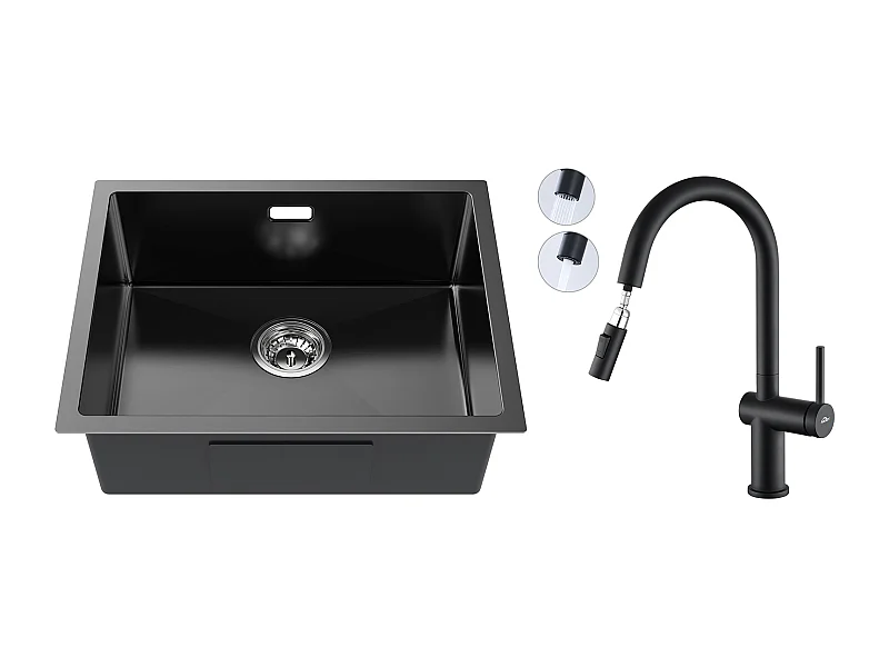 2 en1 Évier de Cuisine 1 Bac 55*44*19CM,à Encastrer/Fleur/ Sous-Plan+robinet de cuisine rétractable à deux fonctions, Noir