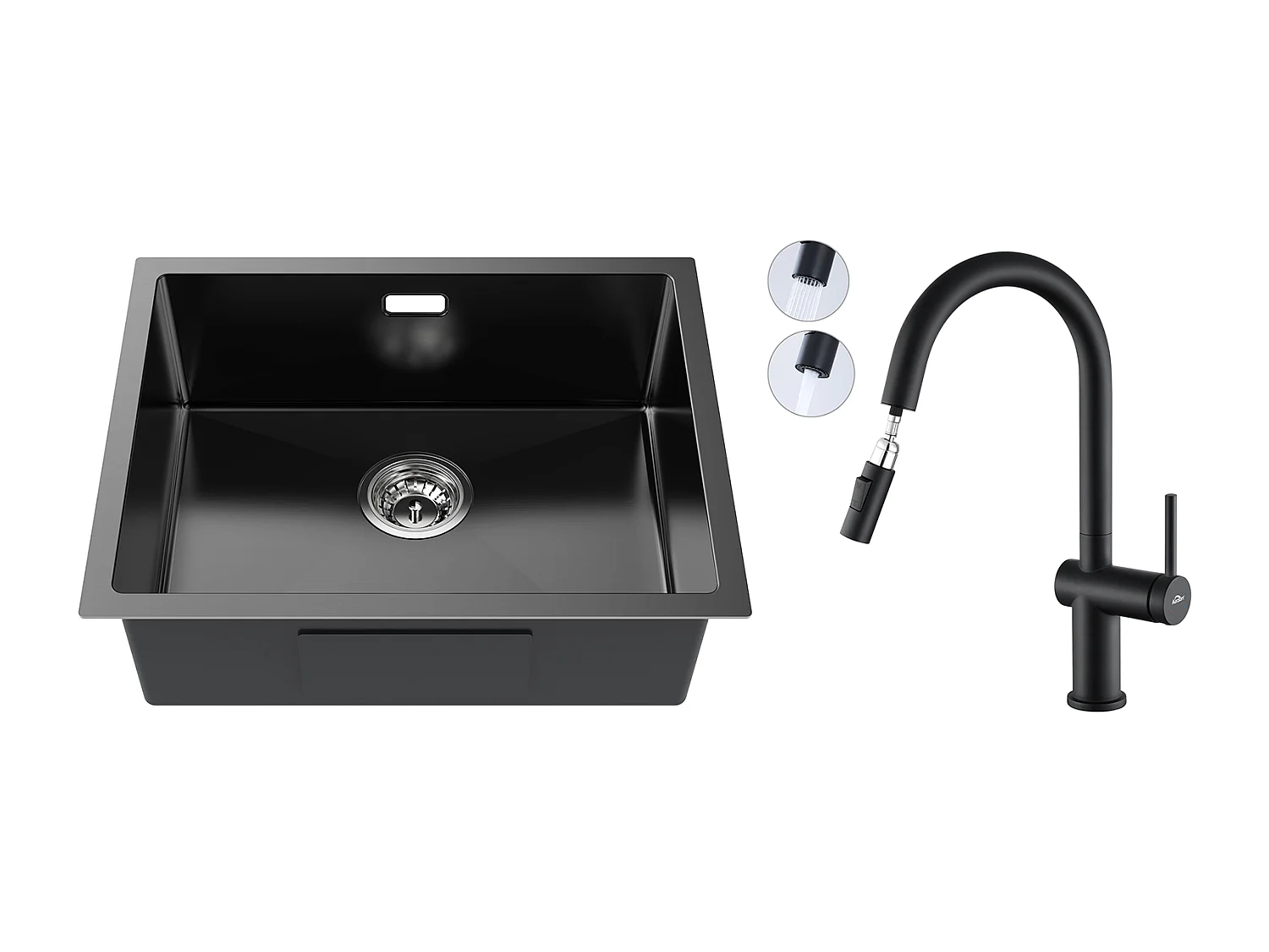 2 en1 Évier de Cuisine 1 Bac 55*44*19CM,à Encastrer/Fleur/ Sous-Plan+robinet de cuisine rétractable à deux fonctions, Noir