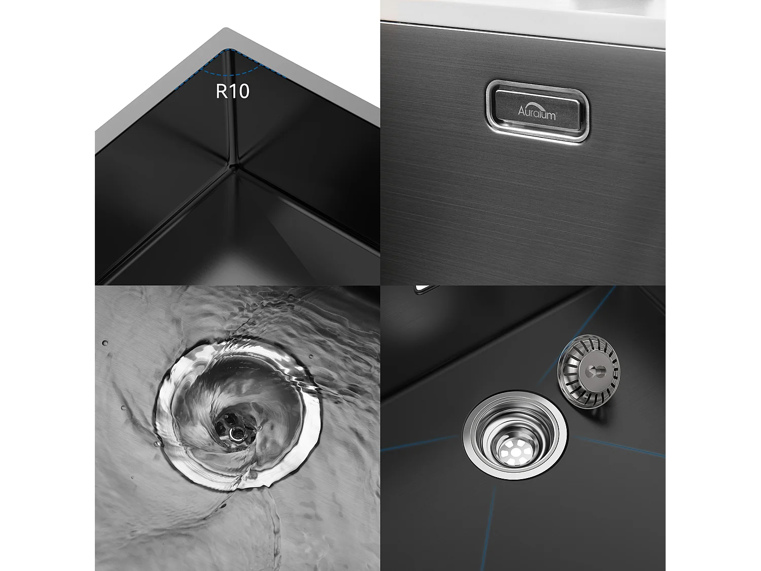 2 en1 Évier de Cuisine 1 Bac 55*44*19CM,à Encastrer/Fleur/ Sous-Plan+robinet de cuisine rétractable à deux fonctions, Noir