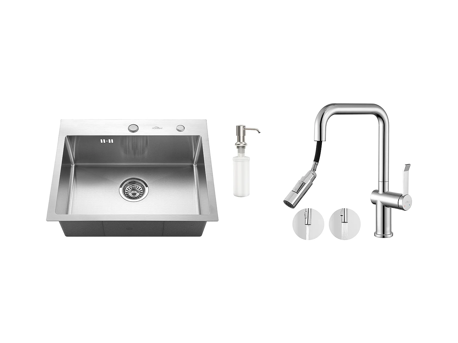 AuraLum Max Évier Cuisine 1 Bac 55*45CM Évier Encastré et à Poser avec Distributeur de Savon+Robinet de cuisine rétractable à deux fonctio,EU Modèle