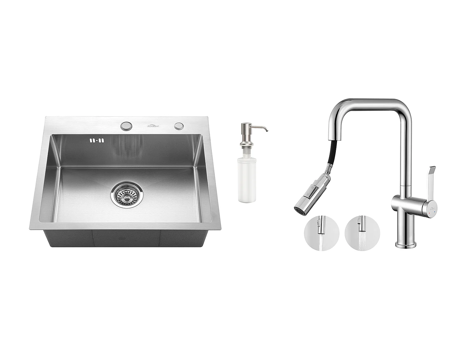 AuraLum Max Aanrecht 1 Bak 55*45CM Inbouw en Opzetbare Spoelbak met Zeepdispenser+Intrekbare Keukenkraan met twee functies,EU Model