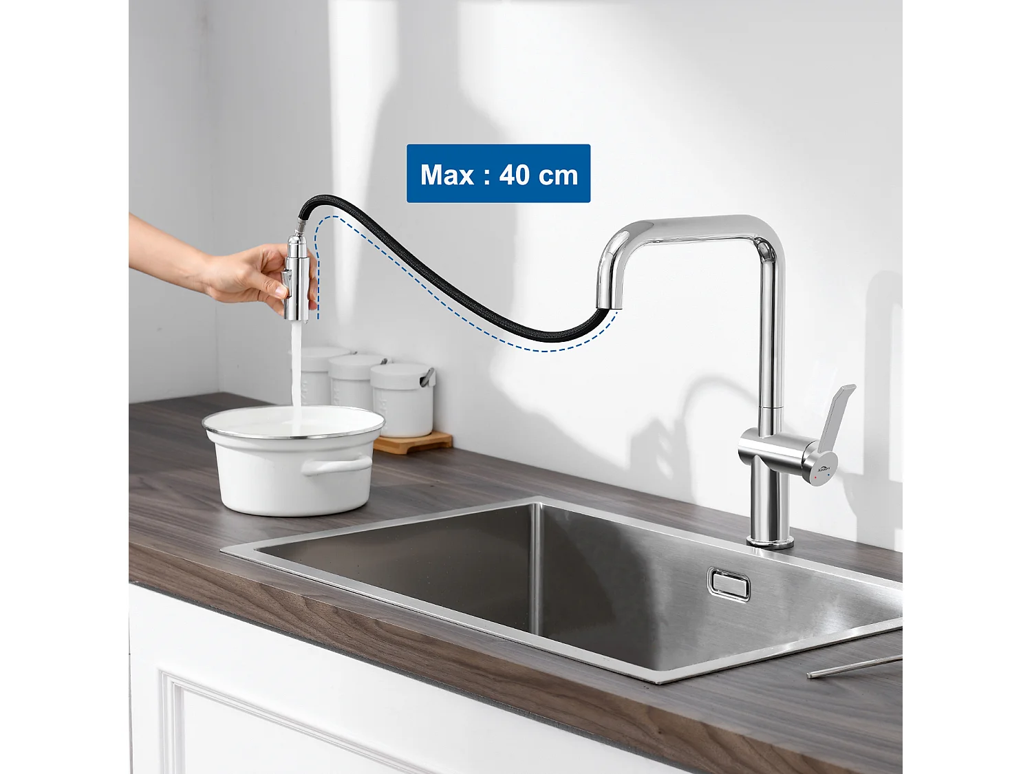 AuraLum Max Aanrecht 1 Bak 55*45CM Inbouw en Opzetbare Spoelbak met Zeepdispenser+Intrekbare Keukenkraan met twee functies,EU Model