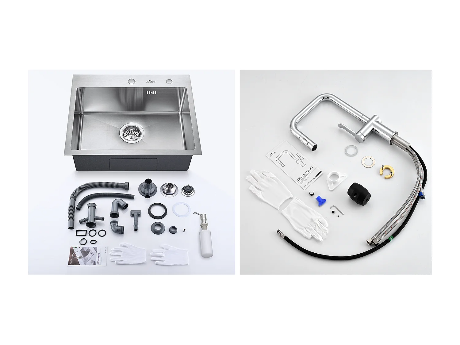 AuraLum Max Aanrecht 1 Bak 55*45CM Inbouw en Opzetbare Spoelbak met Zeepdispenser+Intrekbare Keukenkraan met twee functies,EU Model