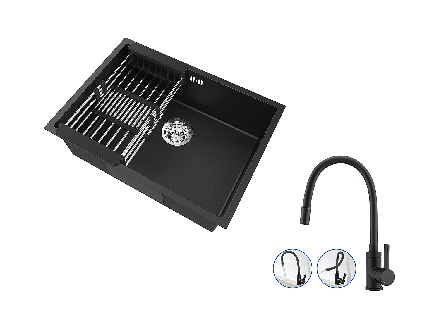 Auralum Max Fregadero Cocina 1 Bandeja 60*44*20CM,inox 304,subplano con Cesta Drenaje,Negro+Mezclador Fregadero con Flexible,Grifo Cocina Abatible