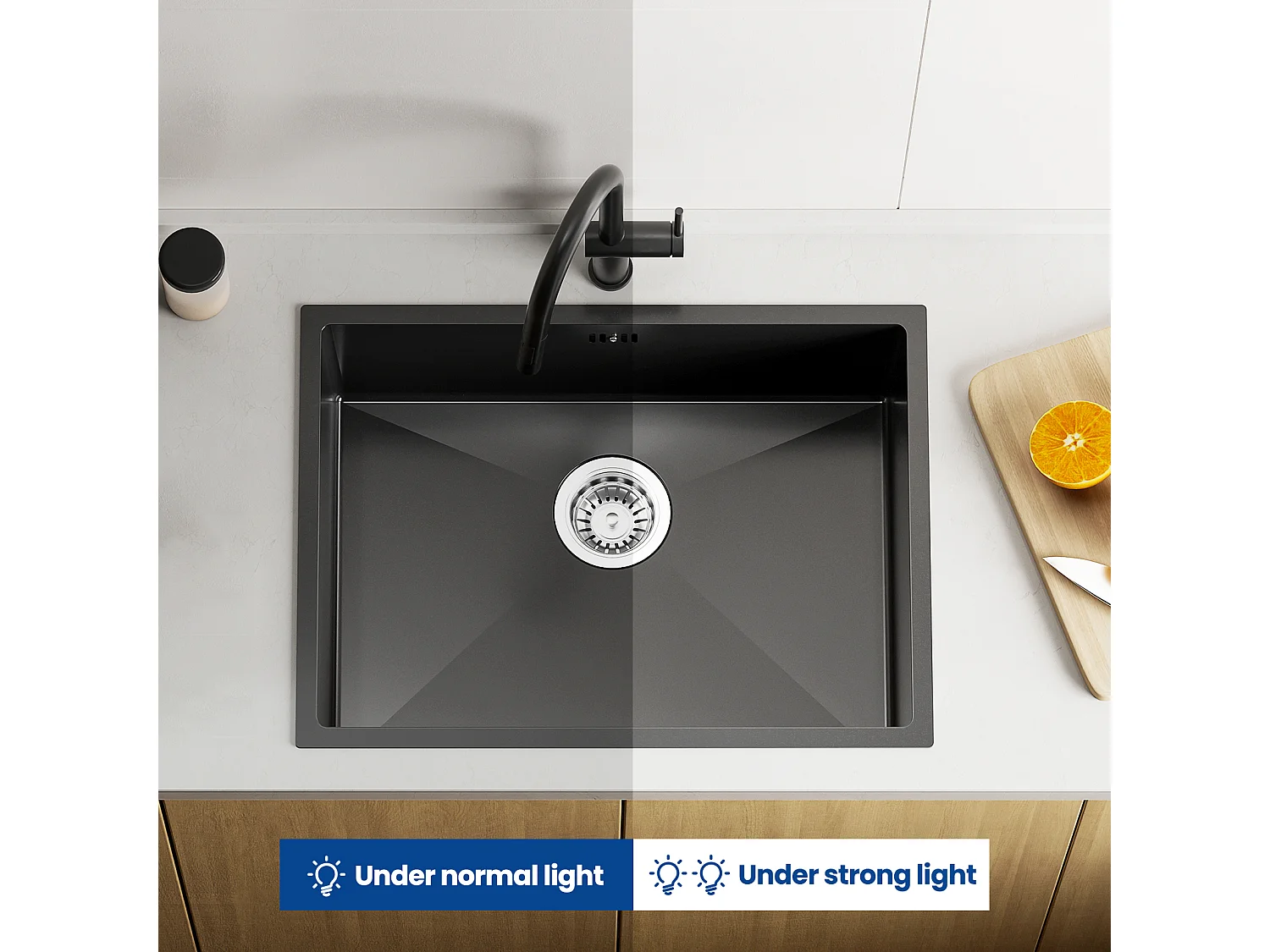 Auralum Max Aanrecht 1 Bak 60*44*20CM, roestvrij staal 304, onderblad met afvoermand, zwart + spoelbakmengkraan met flexibele uitloop, opklapbare keukenkraan