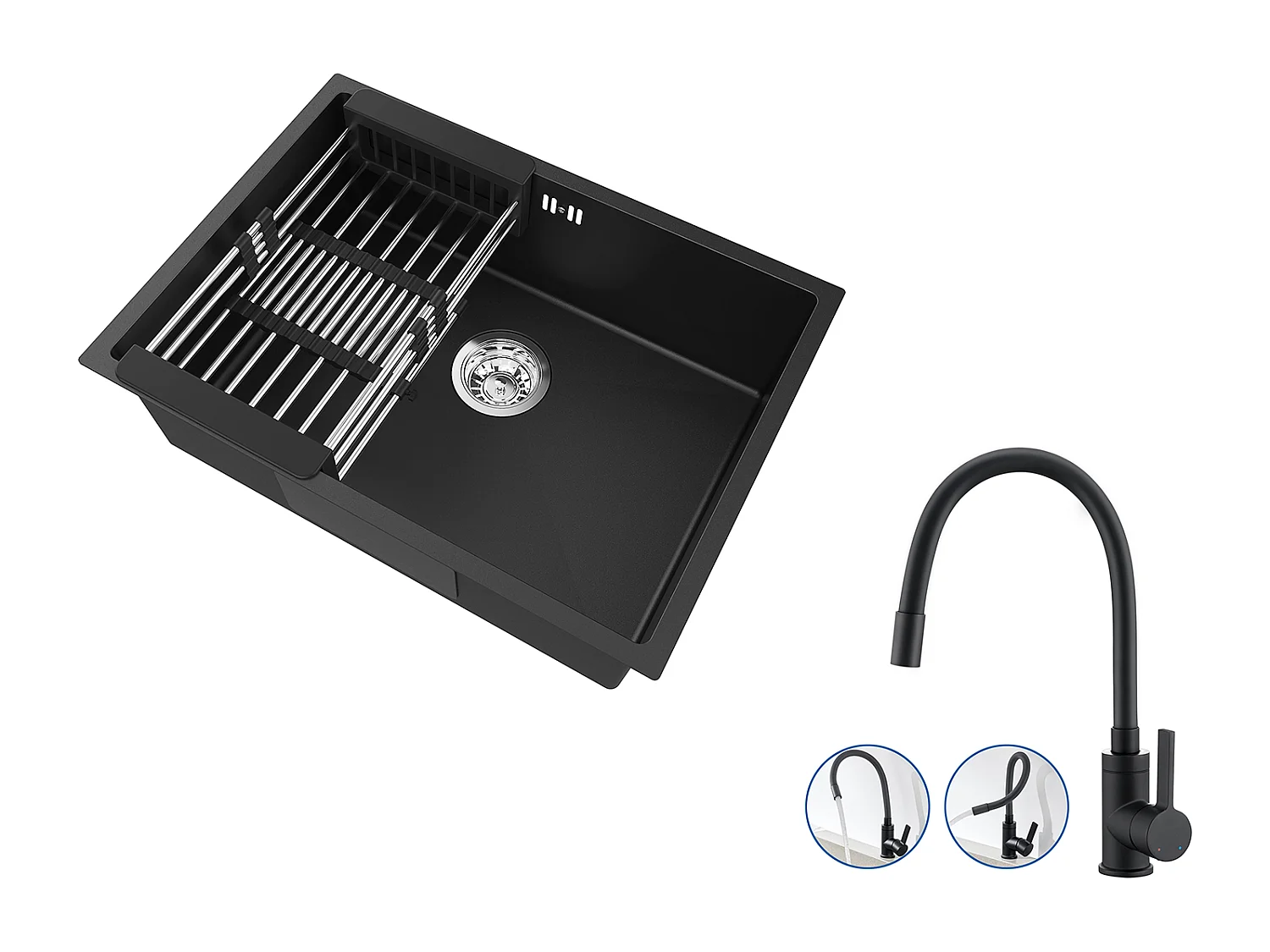 Auralum Max Évier Cuisine 1 Bac 60*44*20CM,inox 304,sous-plan avec Panier Drainage,Noir+Mitigeur Évier avec Bec Flexible,Robinet Cuisine Rabattable