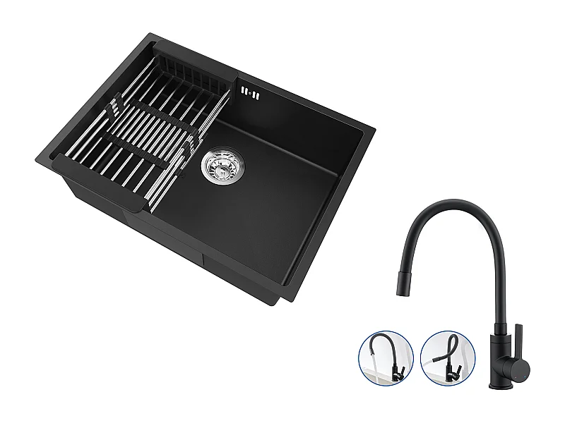 Auralum Max Évier Cuisine 1 Bac 60*44*20CM,inox 304,sous-plan avec Panier Drainage,Noir+Mitigeur Évier avec Bec Flexible,Robinet Cuisine Rabattable