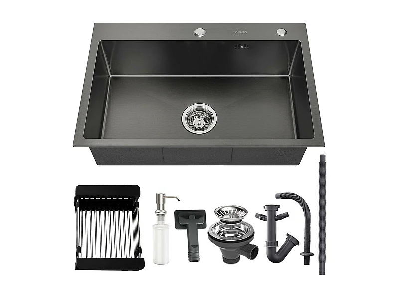 LONHEO MAX Fregadero de Cocina Negro 68x45x19CM con Distributor de Jabón y Escurridor Cesta