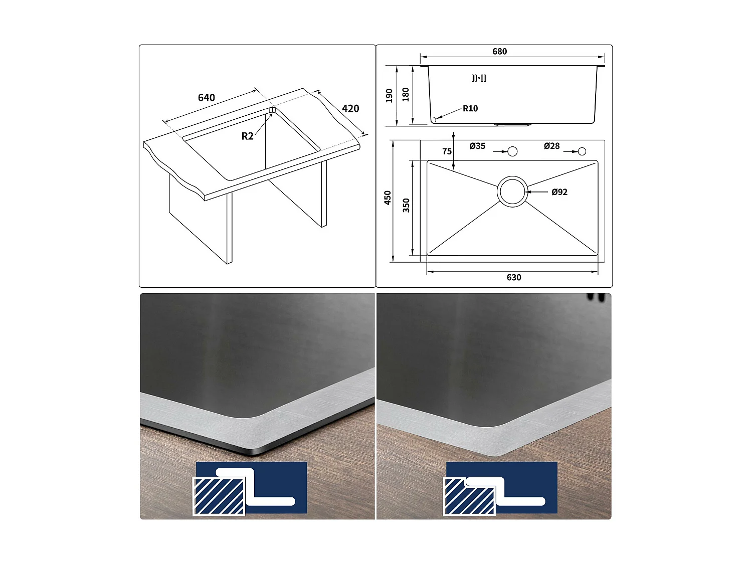 LONHEO MAX Fregadero de Cocina Negro 68x45x19CM con Distributor de Jabón y Escurridor Cesta