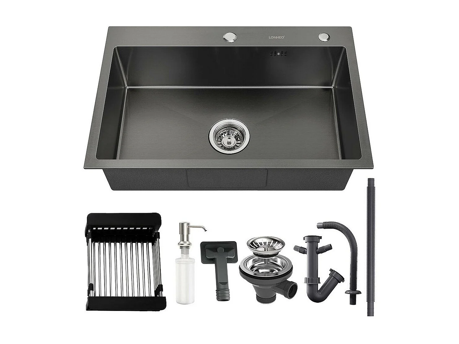 LONHEO MAX Évier de Cuisine Noir 68x45x19CM avec Distrubuteur de savon et Égouttoir panier