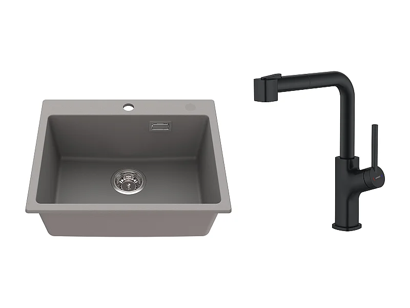 1 Bandeja Fregadero Cocina de Granito,55*45*20cm,Kit de Vaciado,Gris+ Grifo de Cocina Negro con Ducha Extraíble