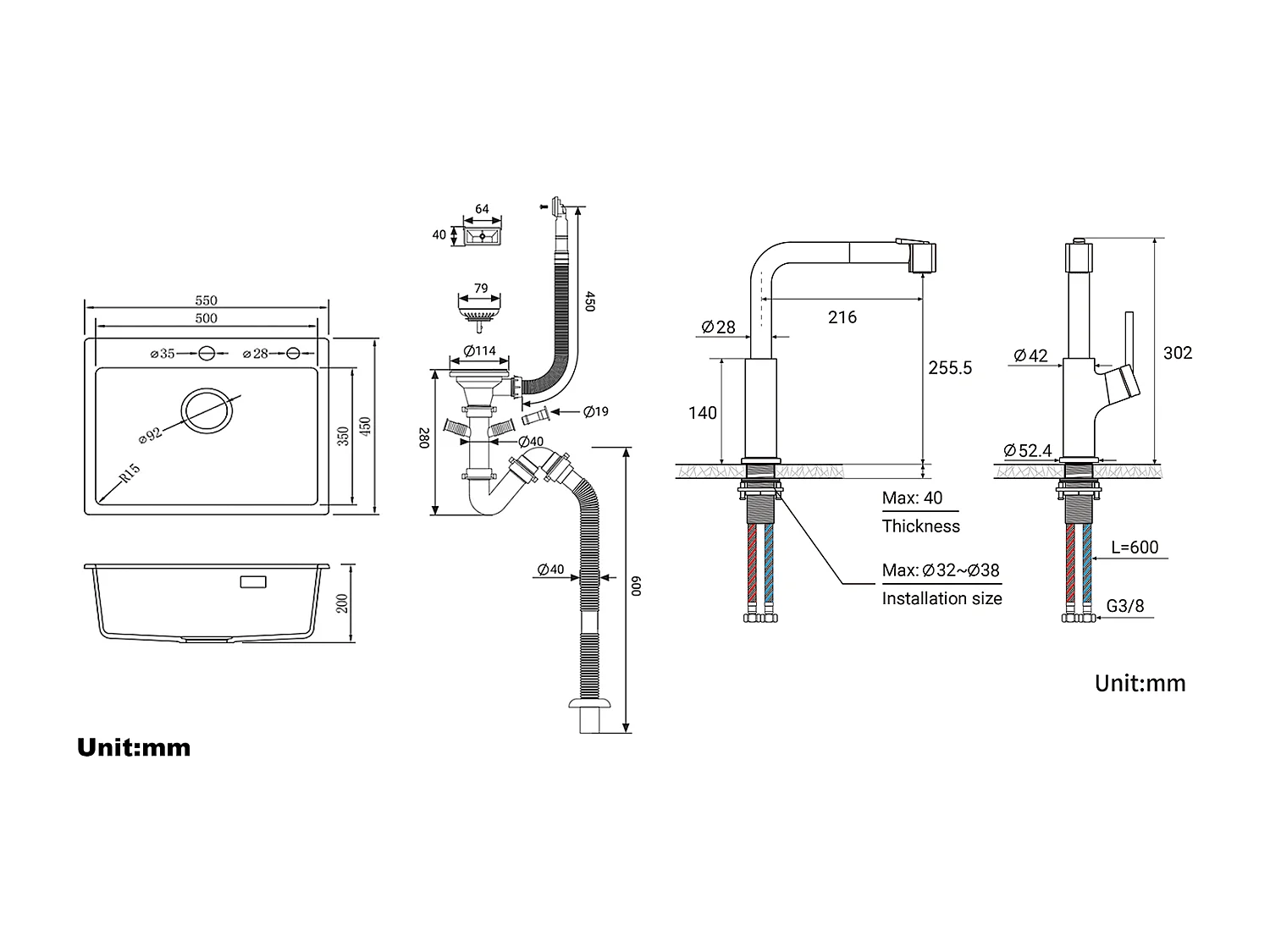 1 Bac Évier Cuisine en Granit,55*45*20cm,Kit de Vidage,Gris+ Robinet de Cuisine Noir avec Douchette Extractible