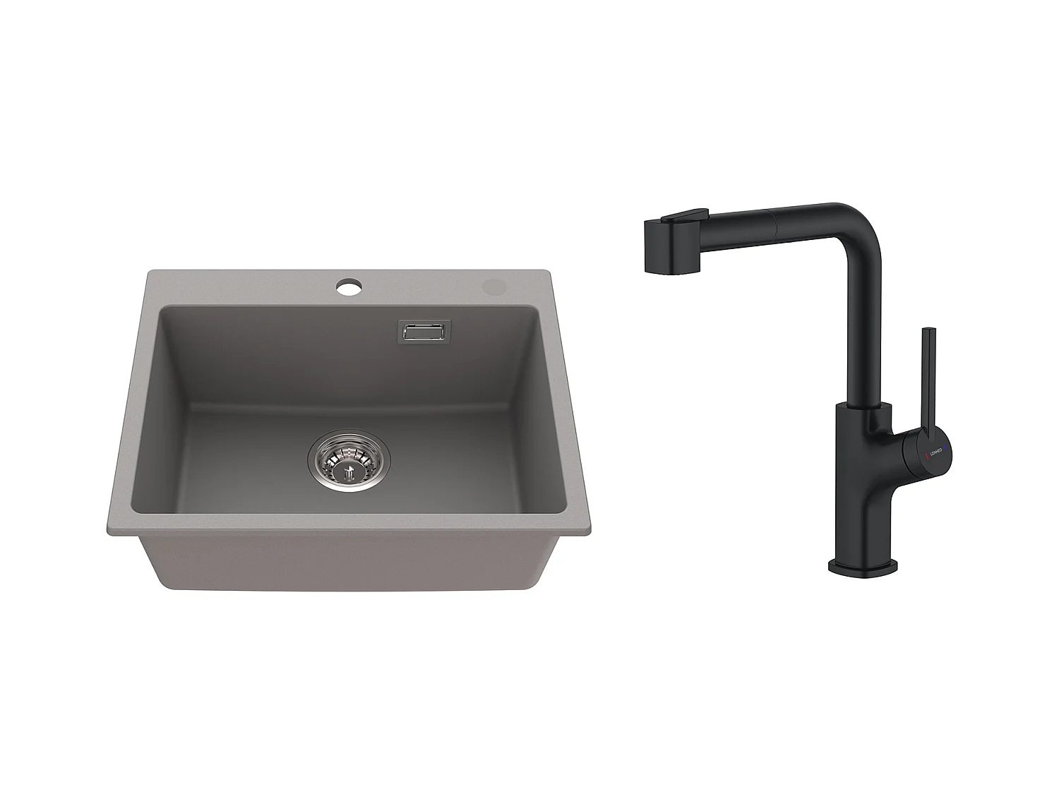 1 Bac Évier Cuisine en Granit,55*45*20cm,Kit de Vidage,Gris+ Robinet de Cuisine Noir avec Douchette Extractible